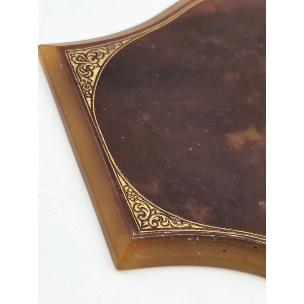 Pyralin Mayflower VTG Hand Held Amber Mirror Art Deco Beveled Ornate Celluloid